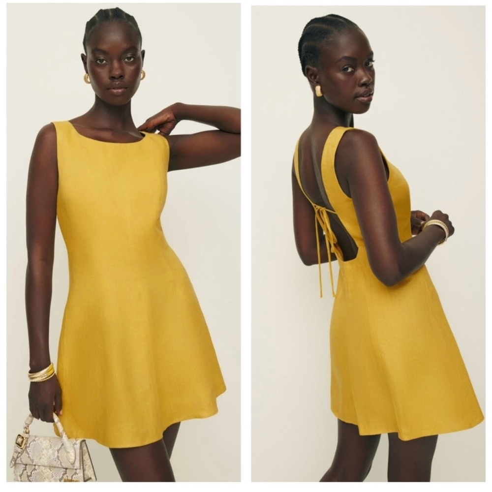 Reformation Amorette Linen- Sunflower Mini Dress- Scoop Neck Sleeveless. Linen